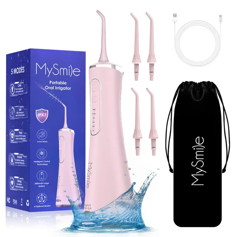 Mysmile Cordless Select (LP211) Oral Irrigator Water Flosser W/ 260ML Water Tank 5 Cleaning Modes 8 Replaceable Jet Tips and Storage Bag Mothers Day Gifts Daily Nozzle Cleansing Pulling Oil