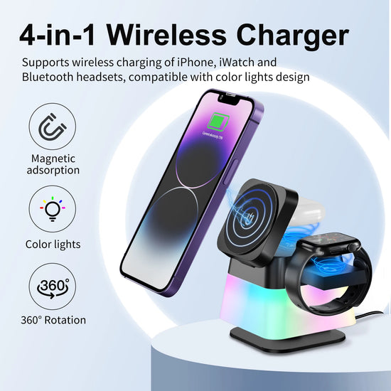 2024 3 in 1 Magnetic Wireless Charger Stand RGB LED Light Fast Charging Station Dock Phone Holder for iPhone 15 14 13 AirPods
