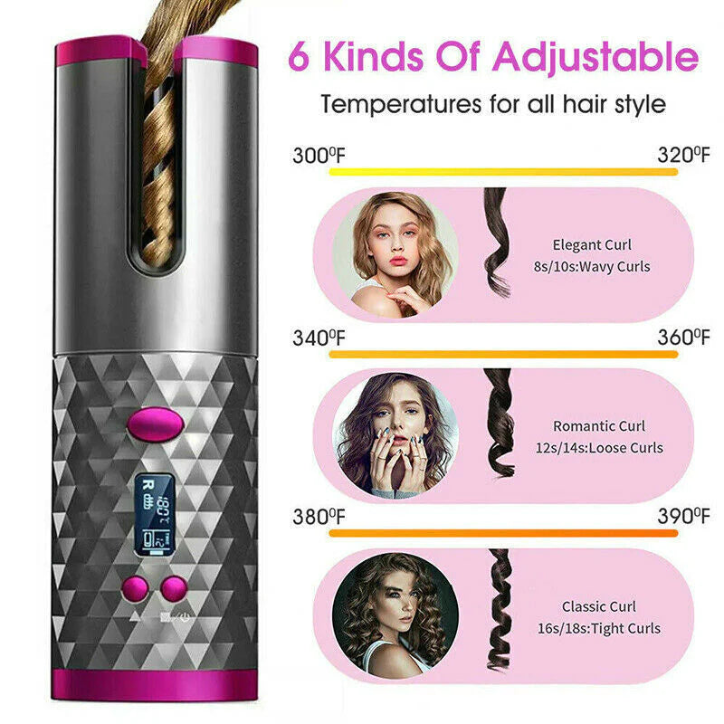 Hair Curler LCD Cordless Auto Rotating Waver Curling Iron Ceramic Wireless USA